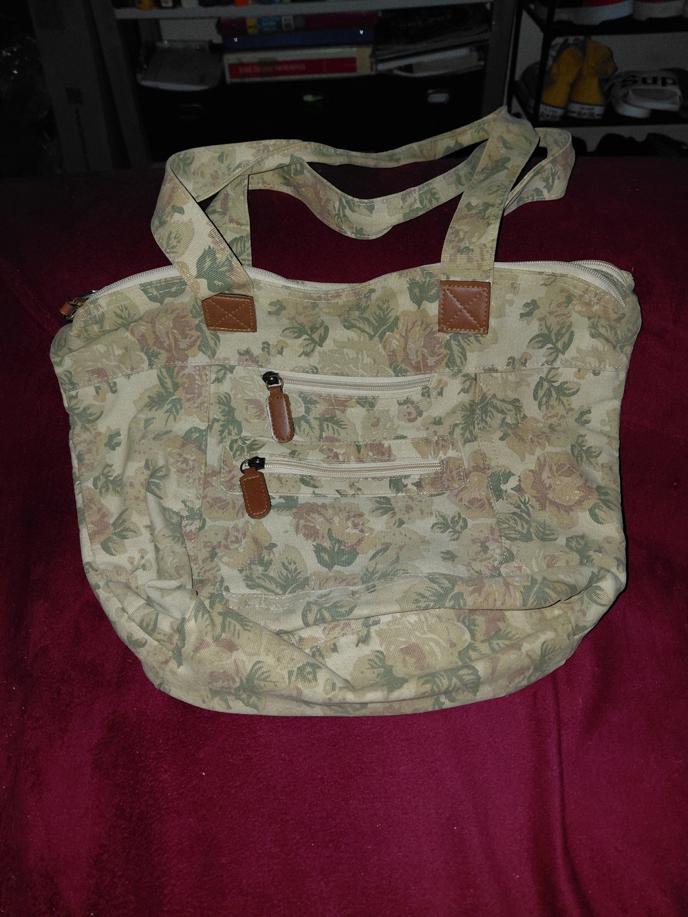Floral Canvas Tote Bag with Dual Zipper Pockets & Matching Wallet - Beige